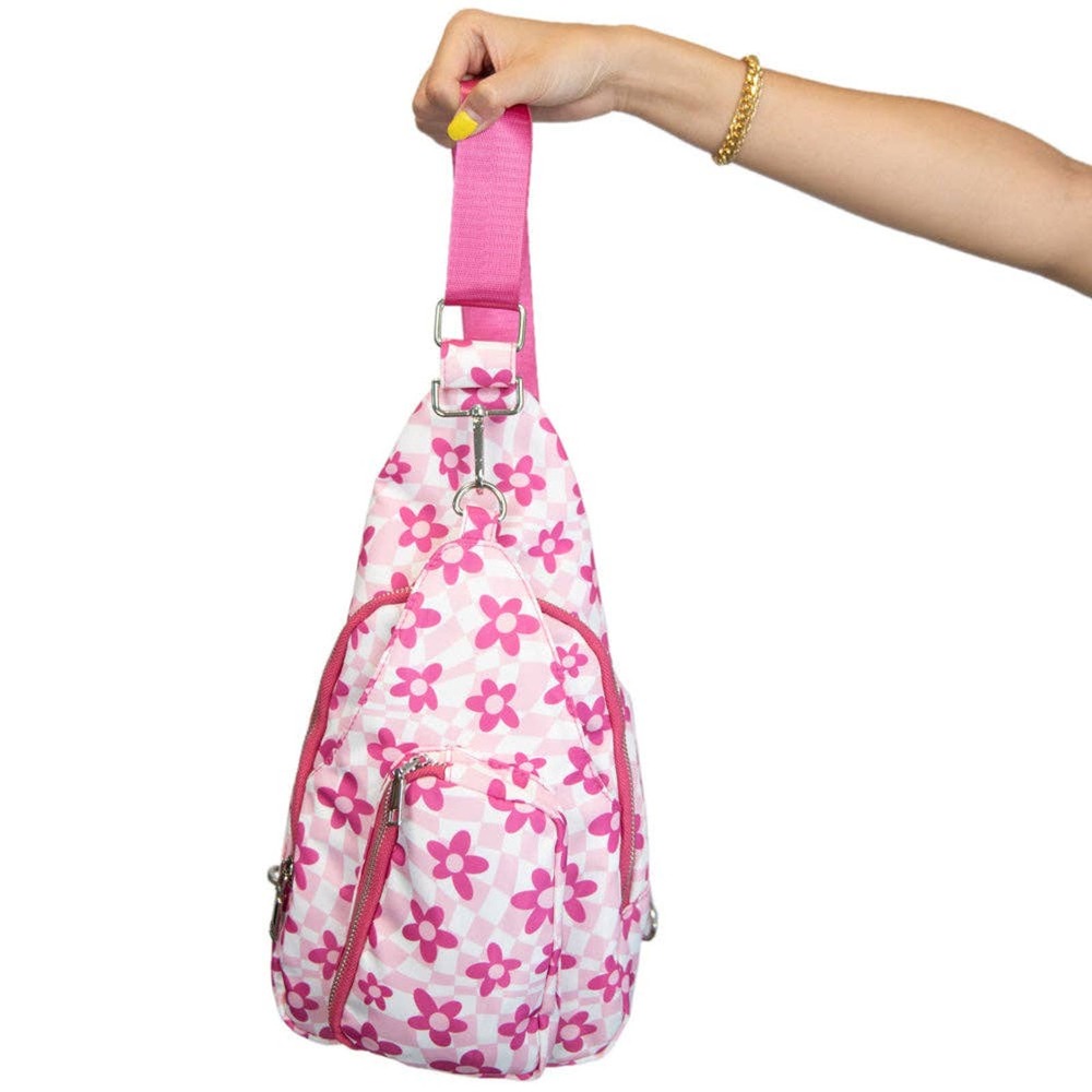 Pink White Flowers Groovy Checkered Sling Bag